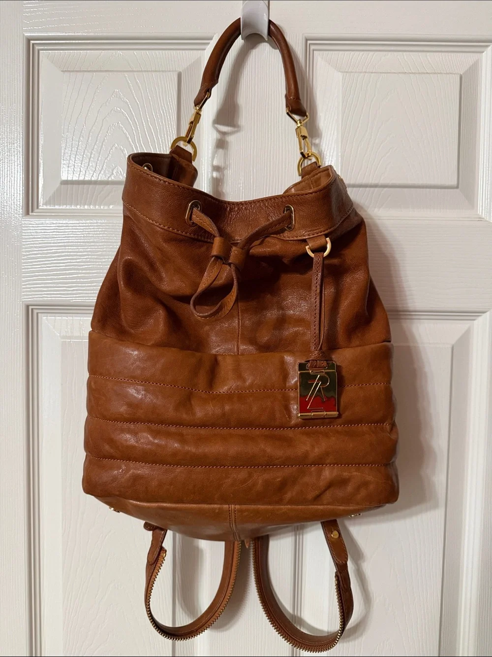 Rachel Zoe Backpack Brown Leather Drawstring with Gold Tone Hardware